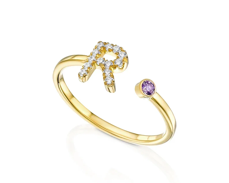 Initial 18K Gold Plated Birthstone Open  Alphabet Ring With Birthday Gemstone 925 Sterling Silver Rings for Girls