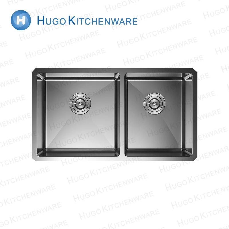 Wholesale 304 Stainless Steel  Black Color Welded Square Undermount Double Bowl Kitchen Sink with Nano Surface