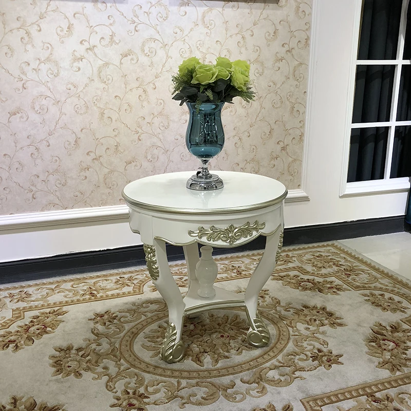 MO LAN Small round European coffee table Solid wood corner of the living room Luxury Wine red paint penang gold leaf edge a few