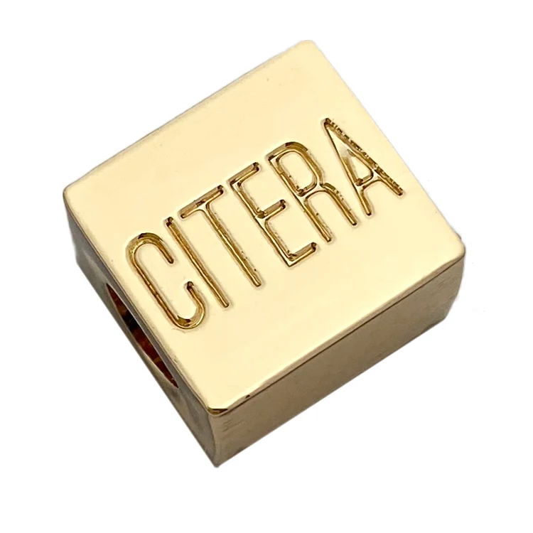 Cube shape making custom logo brand metal cored end stopper for swimwear