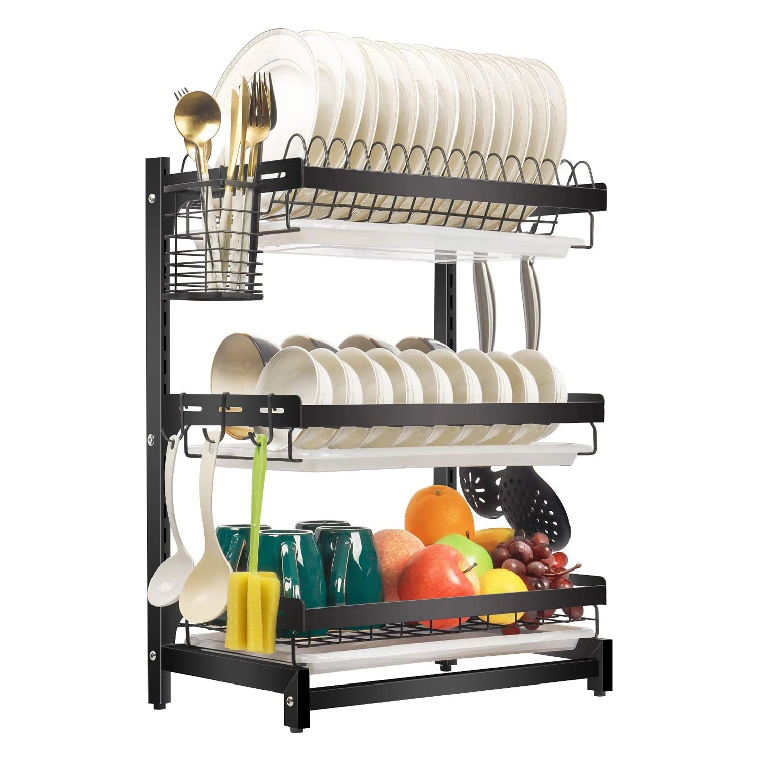 Kitchen Dish Organizer Dish Drying Rack , 3 Tier Black Stainless Steel Kitchen Storage Holders for Dish Rack
