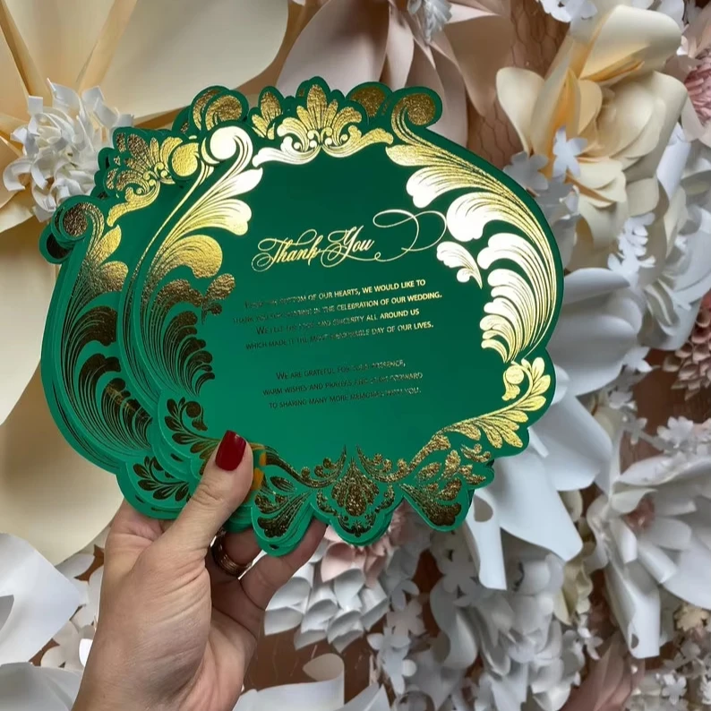 Emerald Green & Gold Foil Acrylic Thank You Card Luxury Menu/ Wedding Table Decoration/ Plate Setting