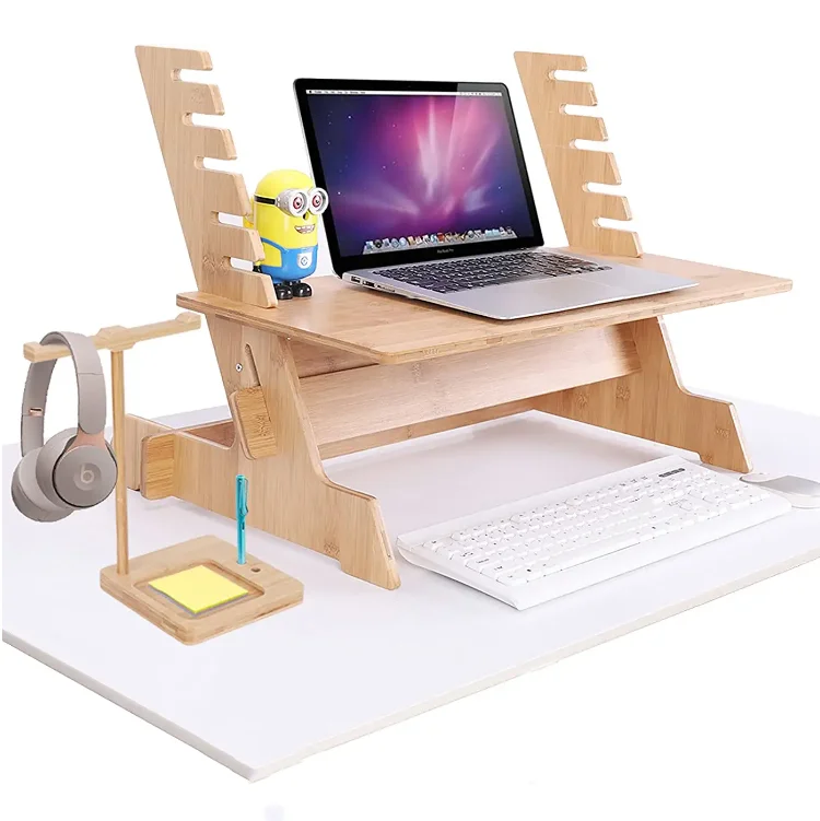 eco friendly  bamboo standing monitor stand desk convertor riser for monitor