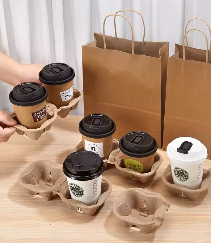 Disposable Customized Kraft Take Away Drink Eco Paper Coffee Cardboard Cup Holder Carrier Packing 2 Caves