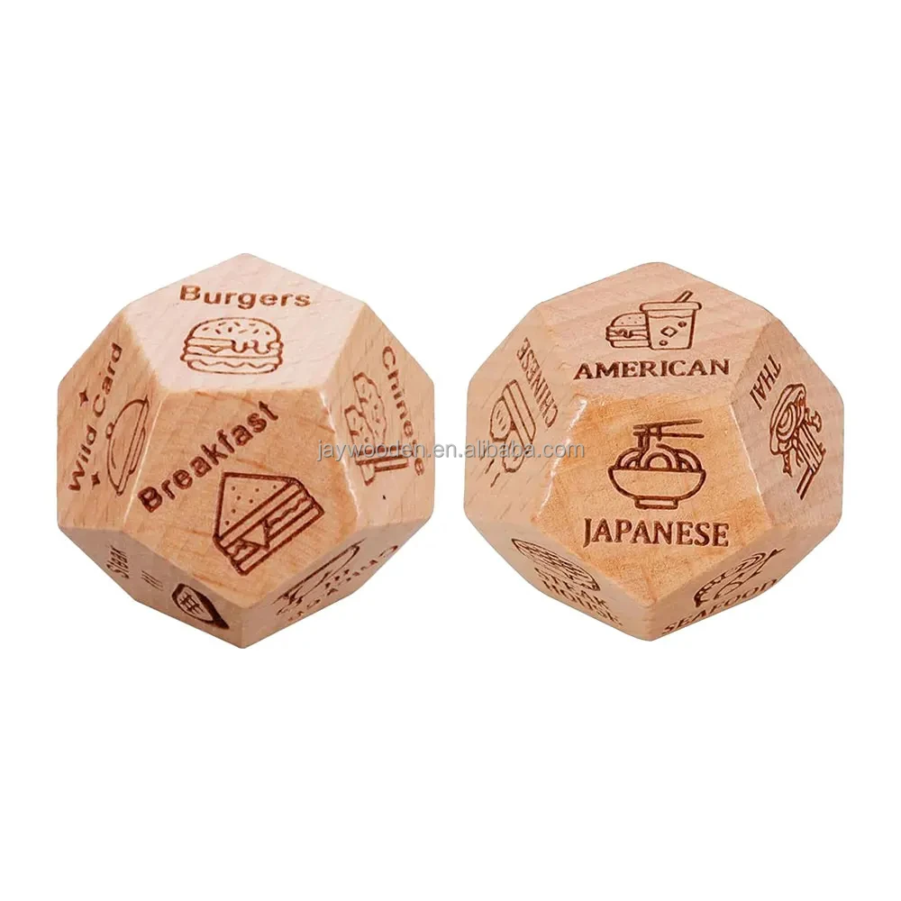 Custom 12-Sided 20mm Cube Size Unique Game Accessory Polyhedral Wooden Dice Toy for DND Food Movie Decision Custom Logo