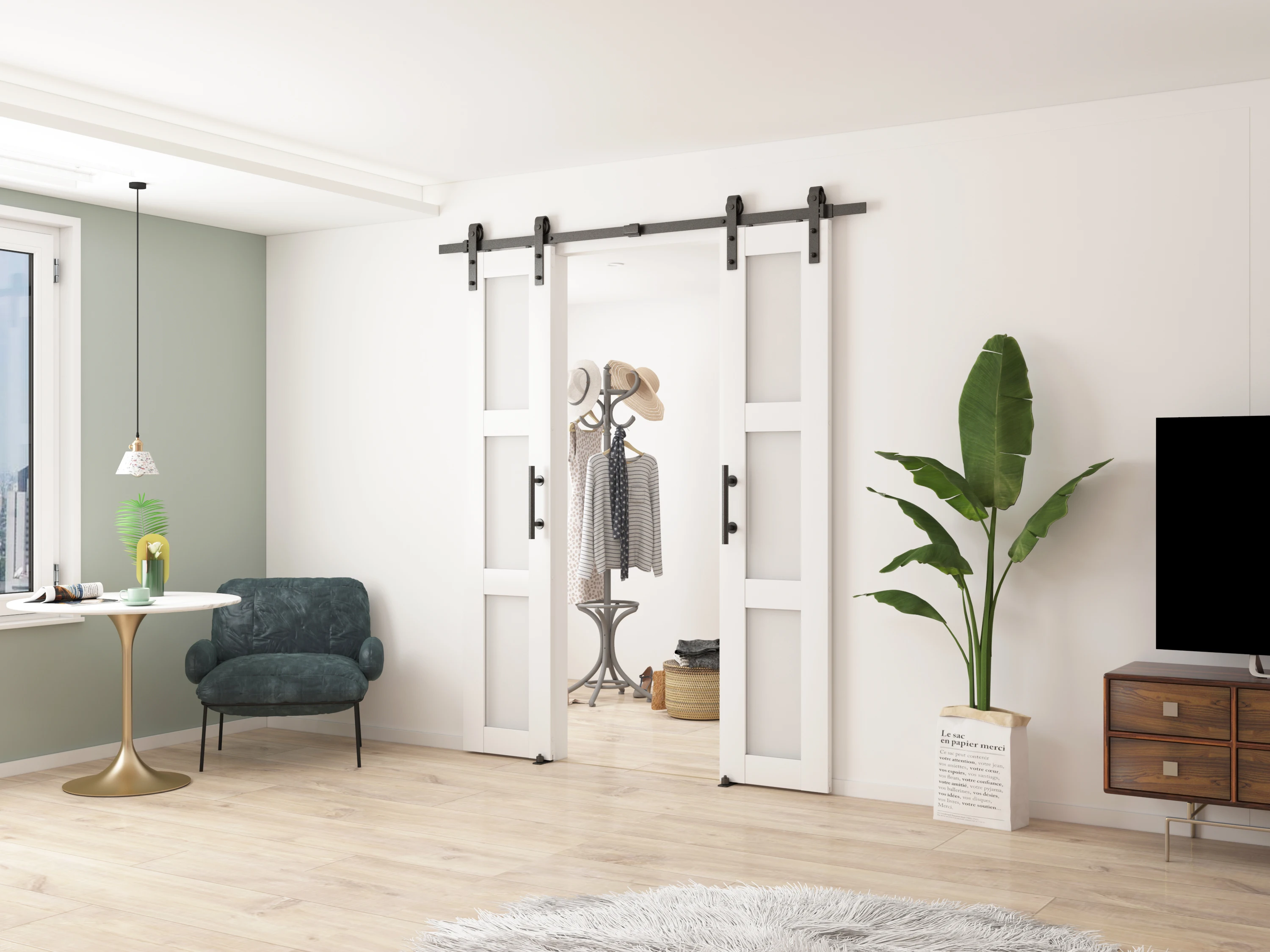 DIY barn door panel with hardware kit,  PVC Primed 3 Glass Panel, Need to Assemble, Hardware