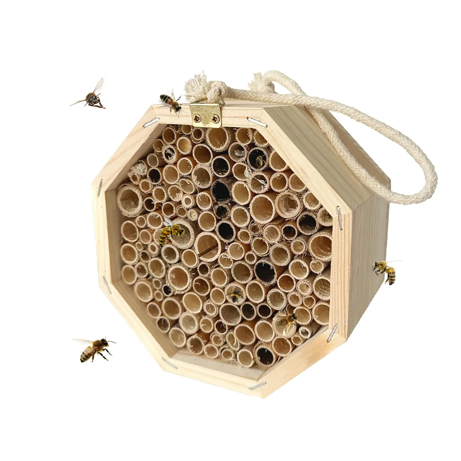 Handmade Wooden Bee Box Bamboo Tubes Natural Hexagon Bee Hive Peaceful Pollinators Enhances Garden Attracts Bees Pet Beds