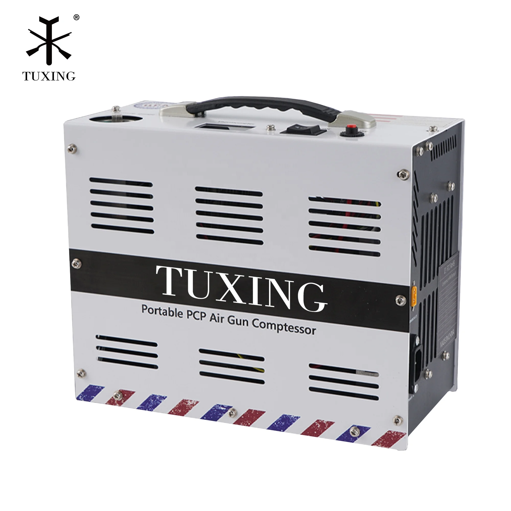 TUXING Hot Sale Custom Color 12V 4500psi 300bar 30mpa DC 220V Auto Stop Double Cylinder Breathing Paintball PCP Air Compressor