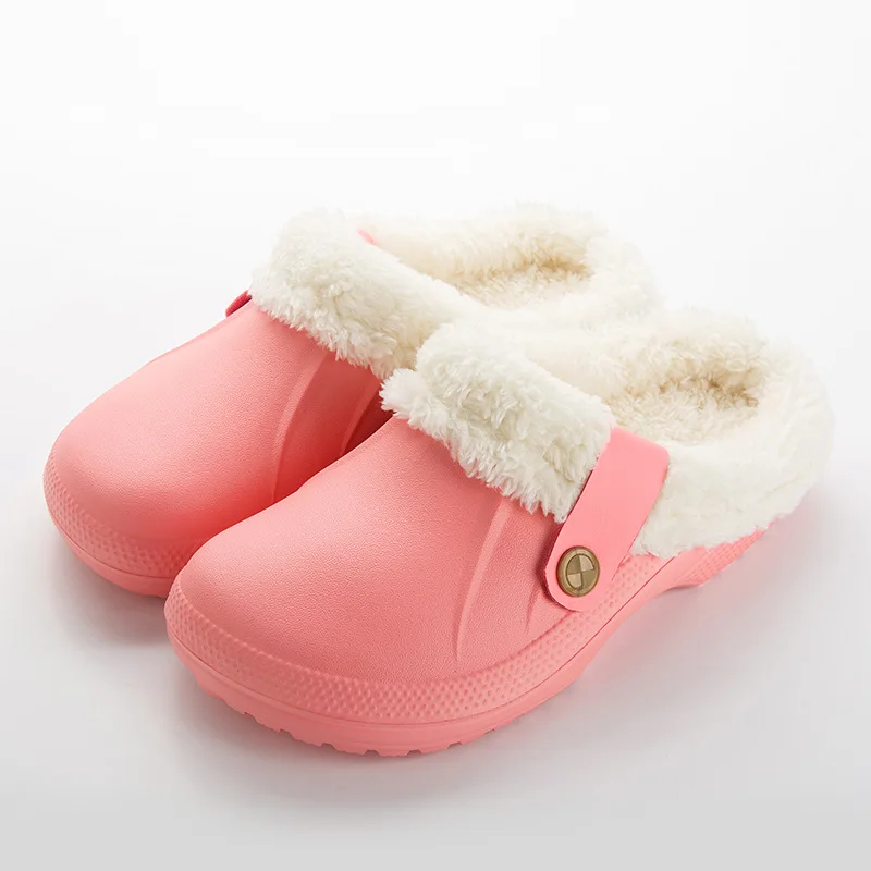 High Quality Waterproof Slippers Women Men Fur Lined Clogs Winter Garden Shoes Warm House Slippers Indoor Outdoor Mules