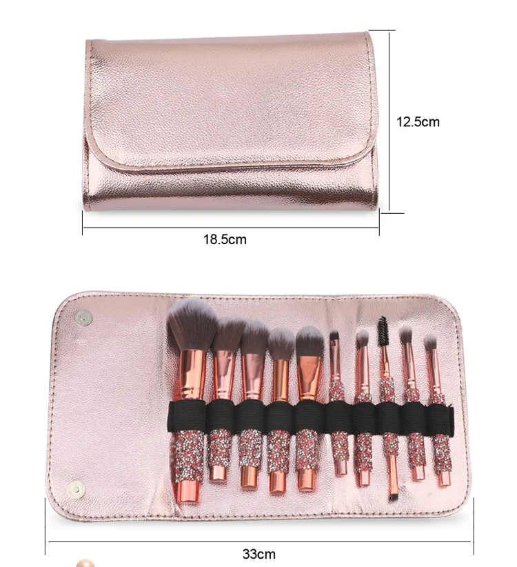Luxury makeup brush set 10pcs rose golden glitter handle crystal diamond foundation brush set with PU bag makeup brushes