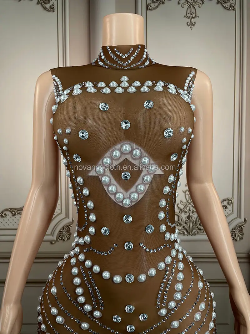 Novance Y2496 Fashion Items Handmade Beaded Diamond Crystal Xxx Sexy Sequin Bodycon Summer Dress See Through Outfits For Women