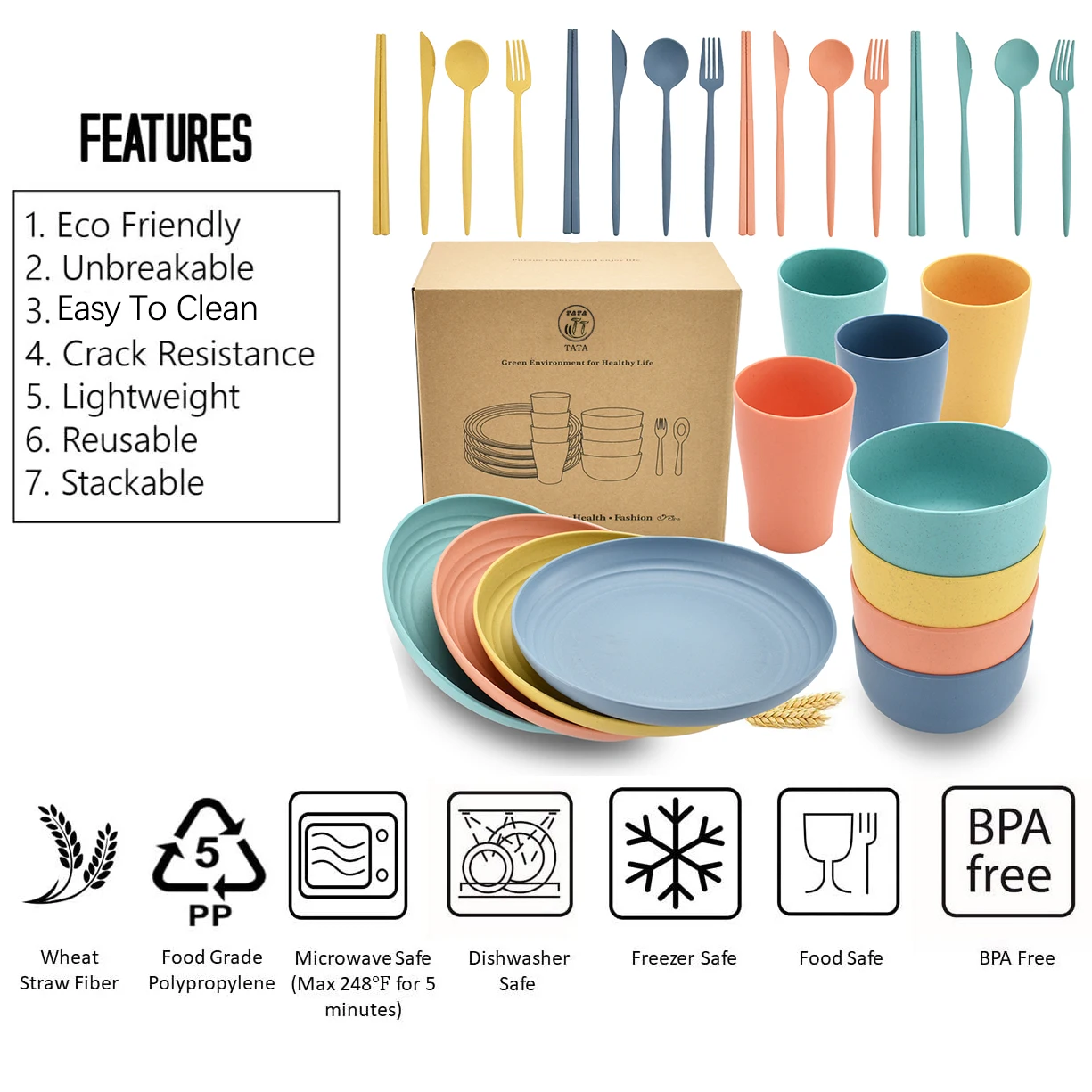 OEM/ODM Custom hot sell reusable bpa free biodegradable ecological plastic wheat straw tableware plate bowl cup dinnerware set
