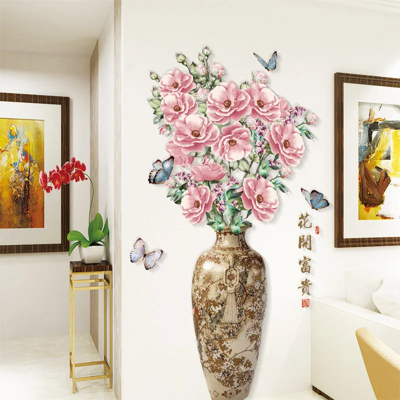 wholesale living room removable 3d vase flower sticker wall decor