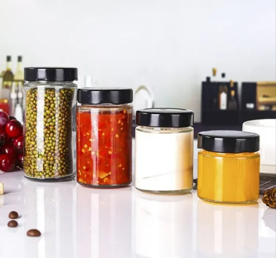 Customizable empty Wide Mouth round Glass Jar Small Mason canning Jar With Black Lids For Jam Honey Jelly sauce
