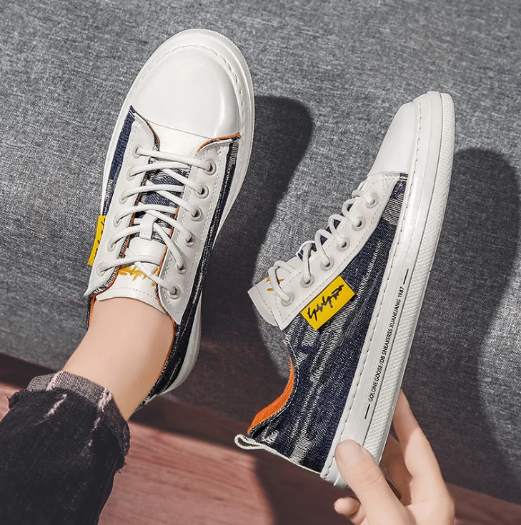 Fast delivery cheap denim canvas rubber out-sole fashion men flat board sneakers shoes trainers for men