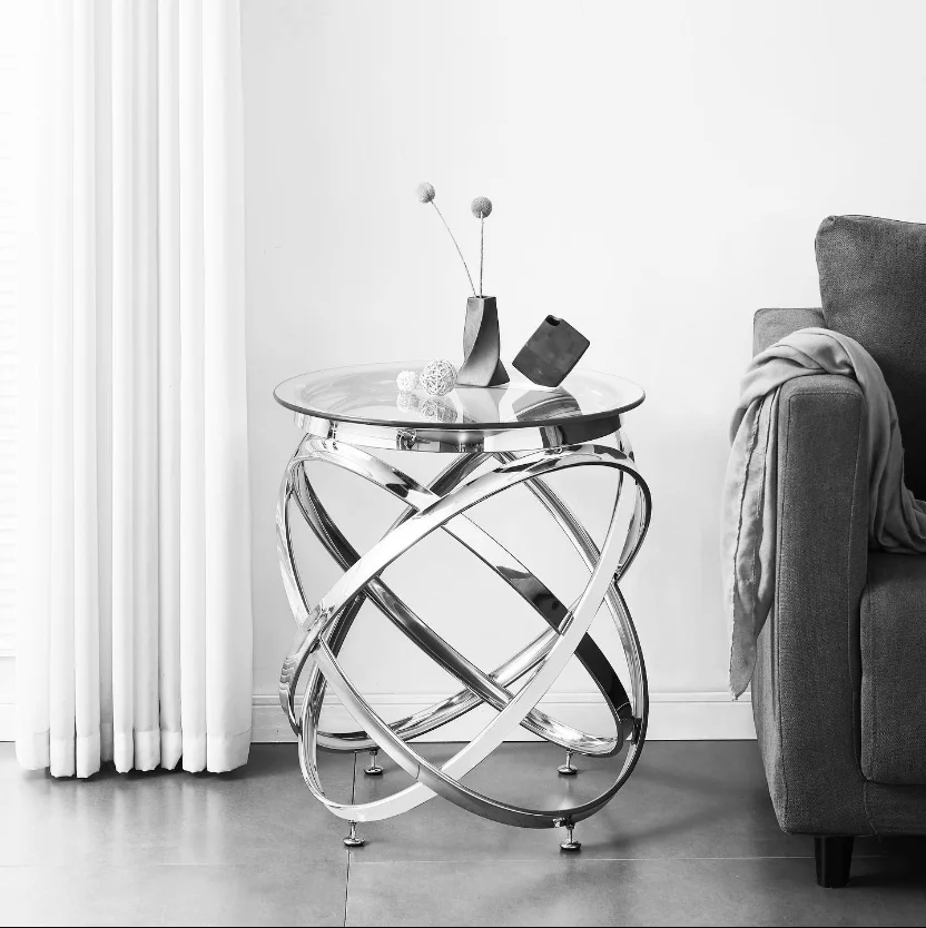 Luxury Round Coffee Table Sets Living Room Rose Gold Stainless Steel Furniture Glass Side Table Coffee Table