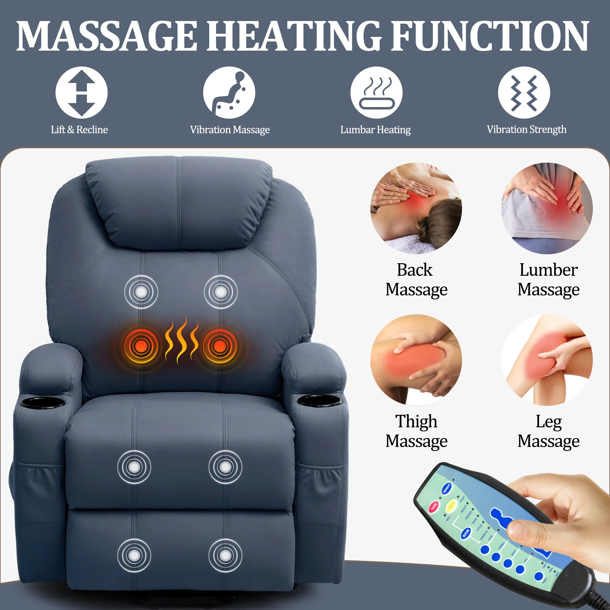 Modern Home Electric Power Solid Wood Rise Lift Single Leather Massage Heated Recliner Sofa Chair