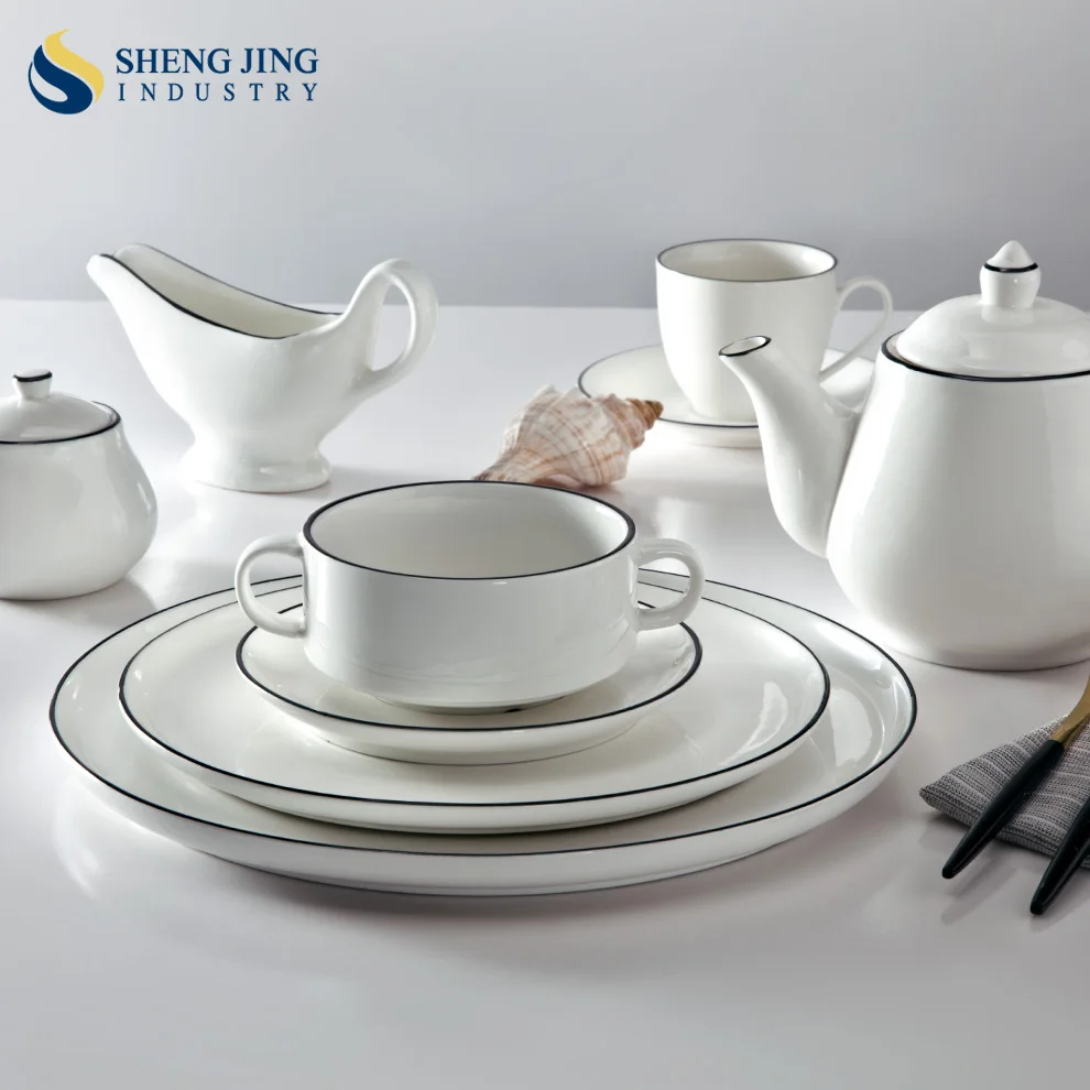 Shengjing Western Ceramic Tableware Wholesale Creative White Black Rim Porcelain Soup Rice Bowl Hotel Restaurant