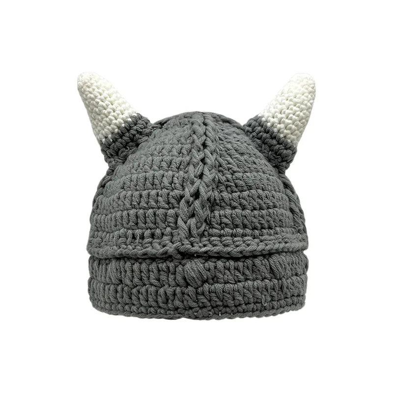 Fashion Child/Kid Baby Winter Handmade Crochet Hat,Viking Horns Knitted Hat For Parent-Child Baby Gray