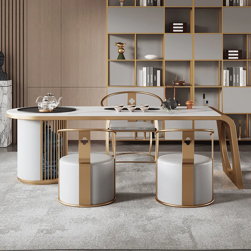 Chinese Style Stainless Steel Custom White Marble Coffee Kung Fu Tea Table and chair sets