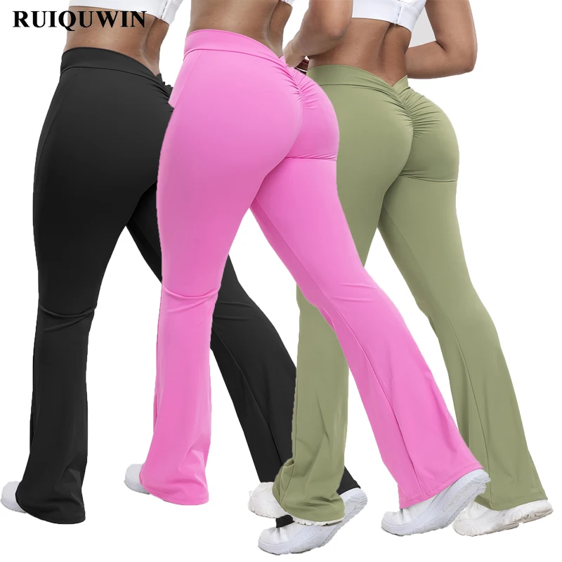 RUIQUWIN Wholesale Casual Yoga Flared Pants For Women Gym Wear V Cut Sweatpants Super Soft Fabric Workout Bell Bottom Leggings