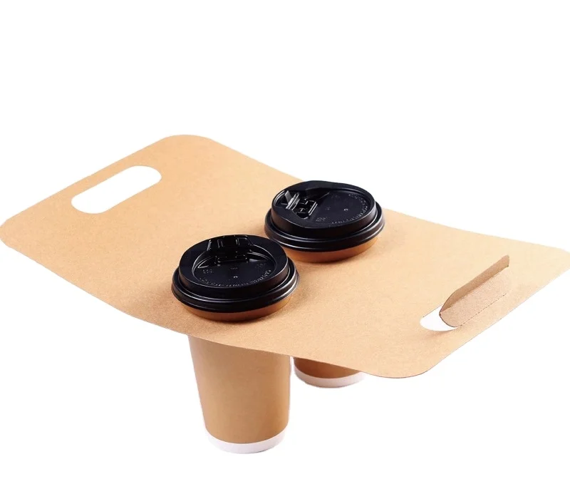Disposable Paper Milk Tea Coffee Cup Holder Tray with Handle Kraft Paper Beverage Offset Printing Paper