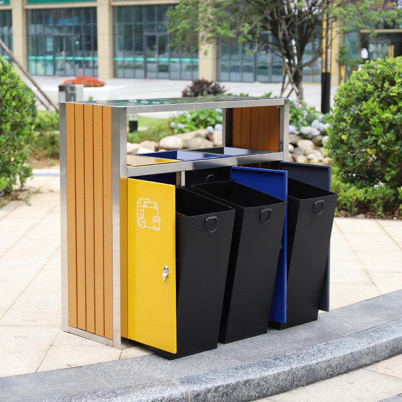 outdoor public recycled trash can stainless steel metal classified waste garbage bin with 3 compartments
