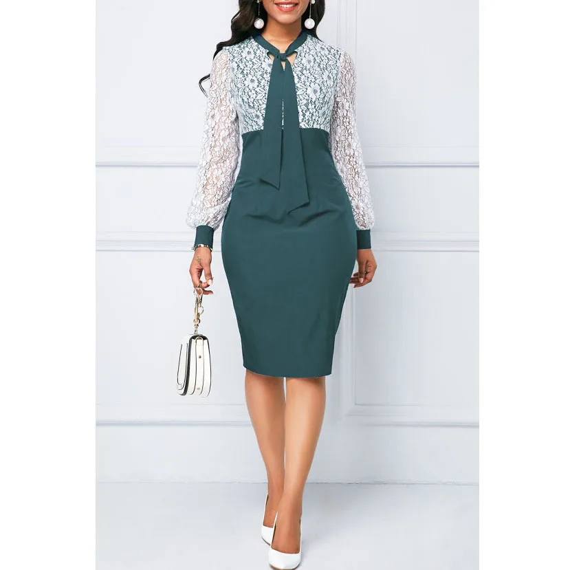 2023 New Arrival Dresses Women For Church Translucent Lace Stitching Fashion Contrast Work Dress Elegant Commuter Pencil Dress