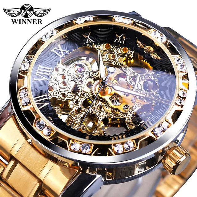 Winner Men Top Oem Luxury Transparent Fashion Diamond Luminous Gear Movement Royal Design Male Mechanical Skeleton Wrist Watch