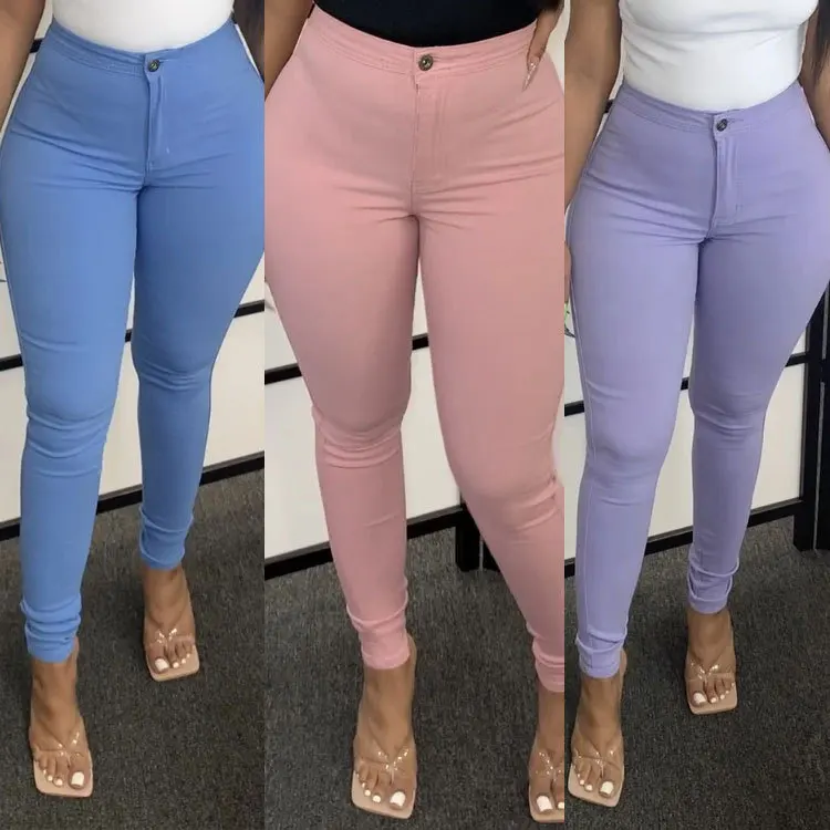 Wholesale Custom Women Stretch High Waist Candy Color Skinny Solid Color Pants Trousers Women Pencil Casual Pants