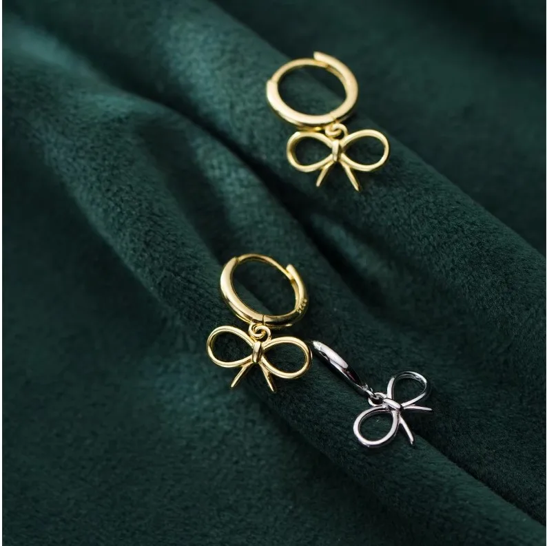 Trendy Korean Sterling Silver Gold Plated Bowknot Design Ribbon Bow Hoop Earrings for girl
