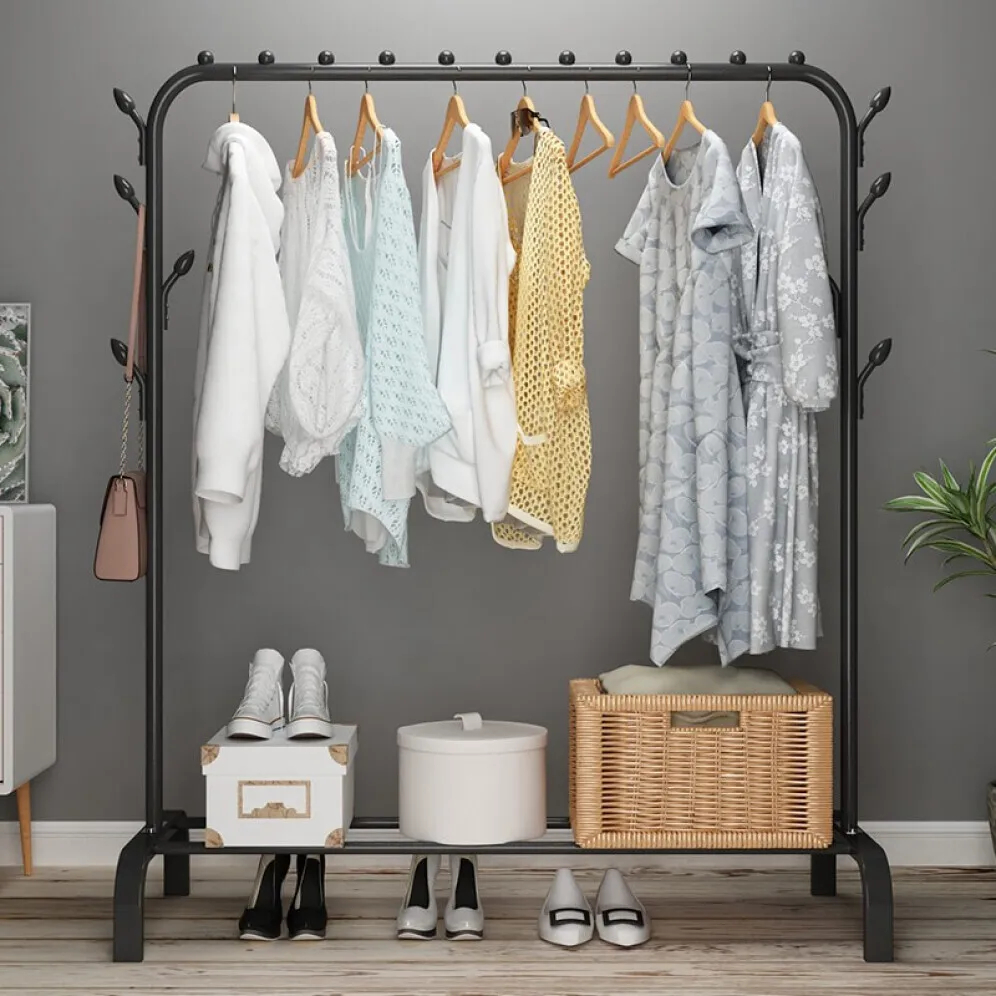 2 Poles Movable Hanger Stand/Hanger Rack With 2 Layer Organizer & With Wheels