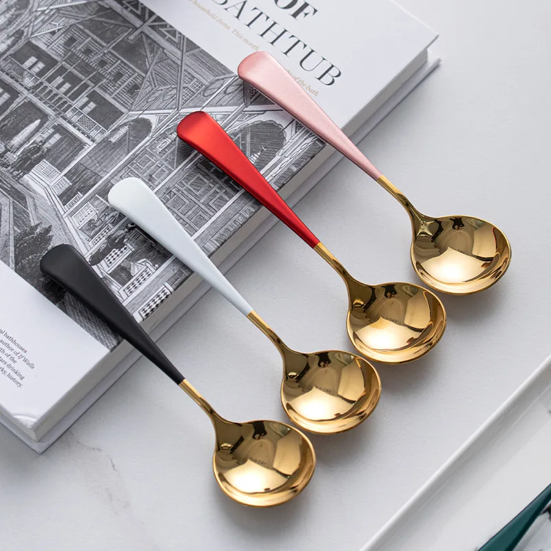 Hot Selling Colorful Handle Round Spoon Stainless Steel Round Head Soup Spoon Modern 304 Stainless Steel Spoons for Soup