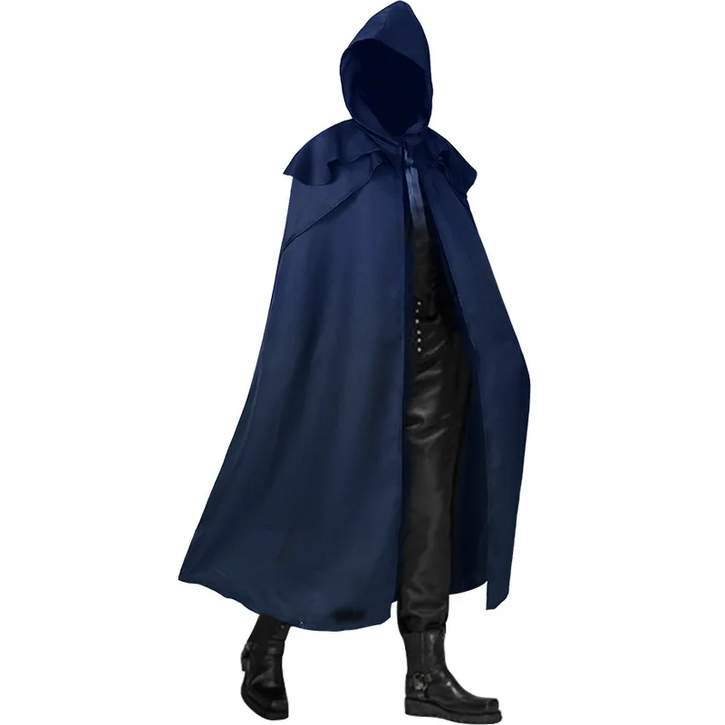 Men Cloak Hooded Medieval Monk Costume Solid Windproof Mens Trench Coat Gothic Wicca Wizard Cape Halloween Death Mantles