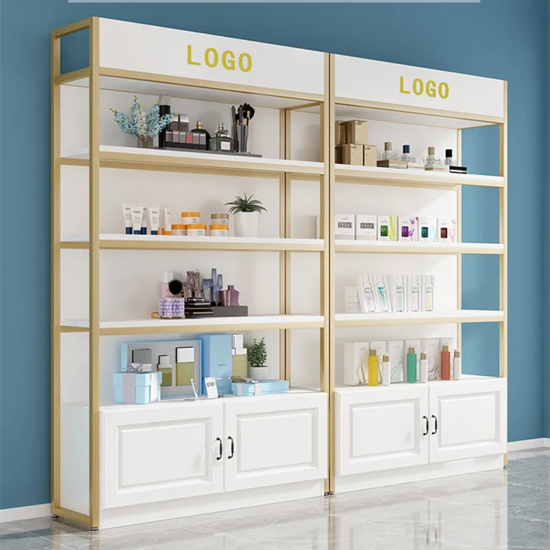 Gold And White Shelf Display Supermarket Rack Customized Showcase With Cabinet