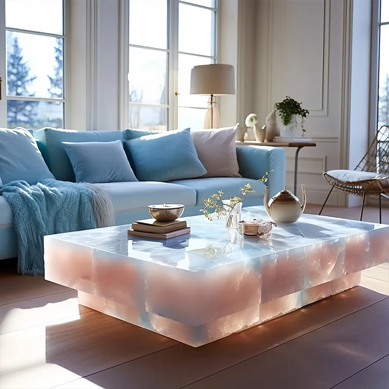 100*100cm Backlit Translucent Blue Onyx Coffee Table 48' Square Shiny Crystal Diamond Stone Living Room Bar Pub Furniture