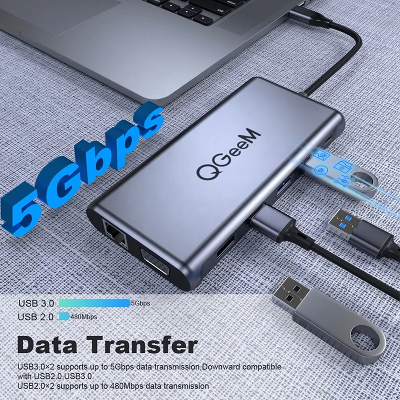 QGeeM 5 Гбит/с Hd-Mi Ethernet 12 в 1 USB C концентратор зарядная док-станция для ноутбука
