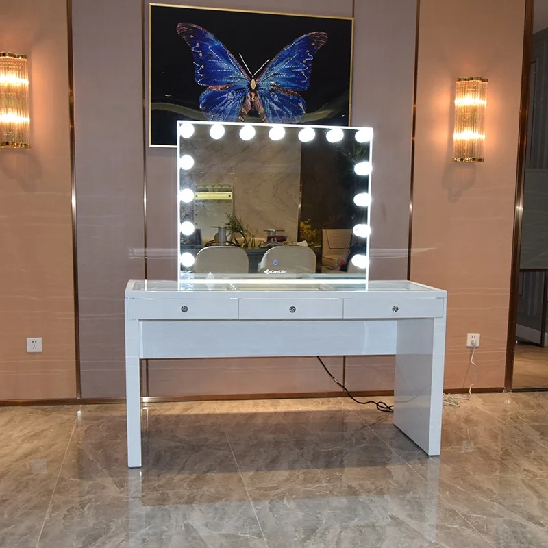 Docarelife Luxurious Wooden Lighted LED Bulb Hollywood Style Vanity Dressing Makeup Table and Mirror Set with 3 Drawers