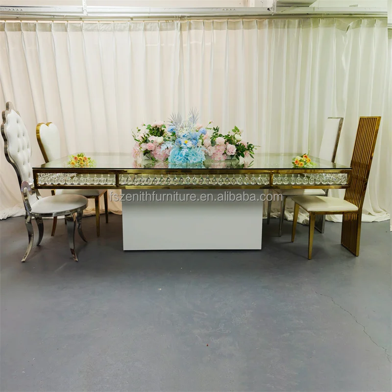 Factory Modern Banquet Event Furniture Gold Stainless Steel Wedding Table with Crystal Beads