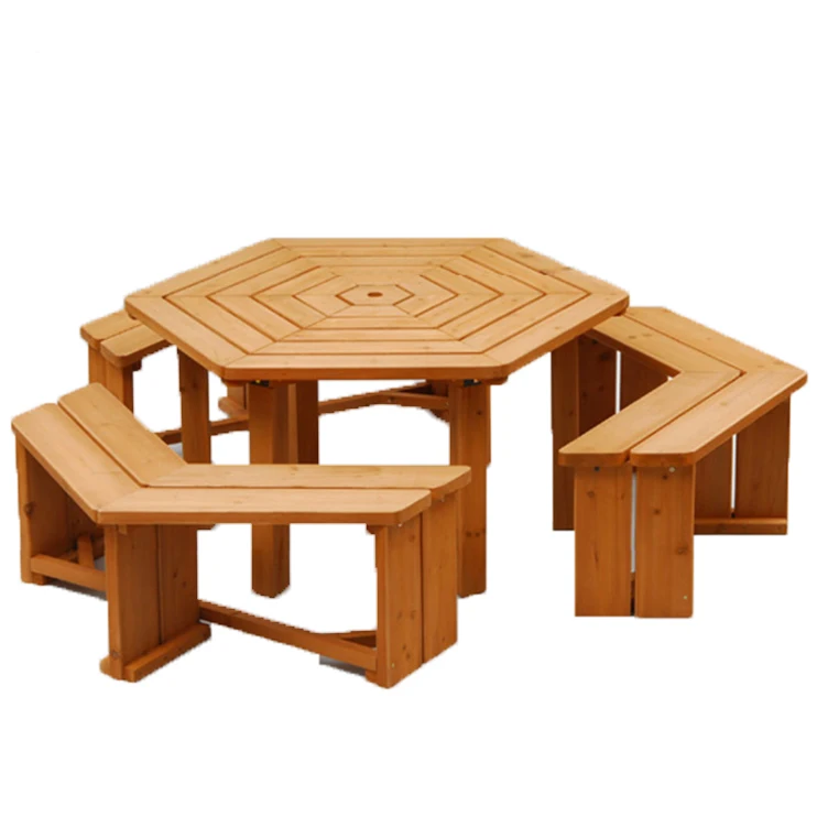 
4pcs hexagon wooden outdoor patio dinning set 1 table 3 seat for garden 