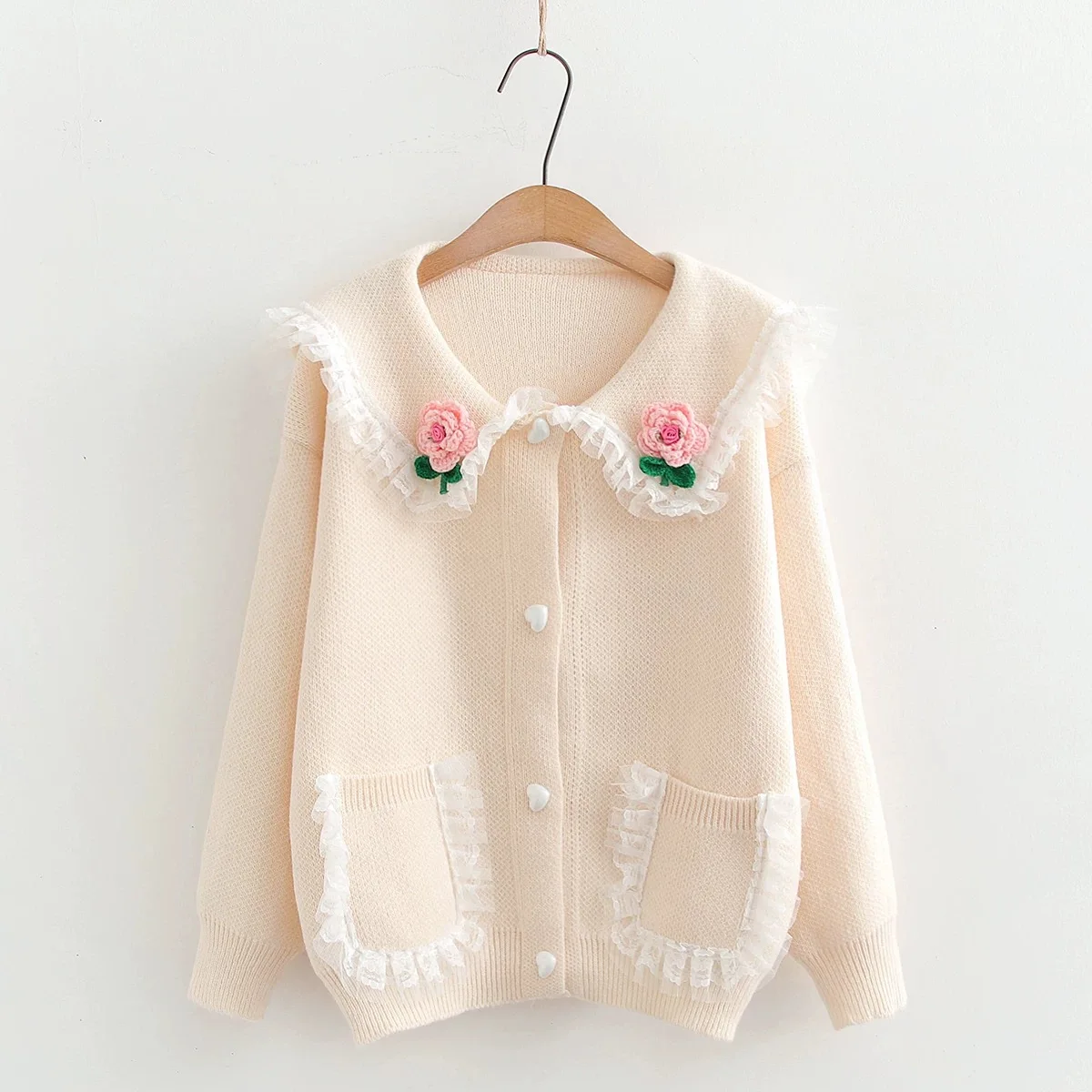 Custom Women Knit sweater cardigans long sleeve lace peter pan collar ladies knit Coat autumn winter embroidery Knit top