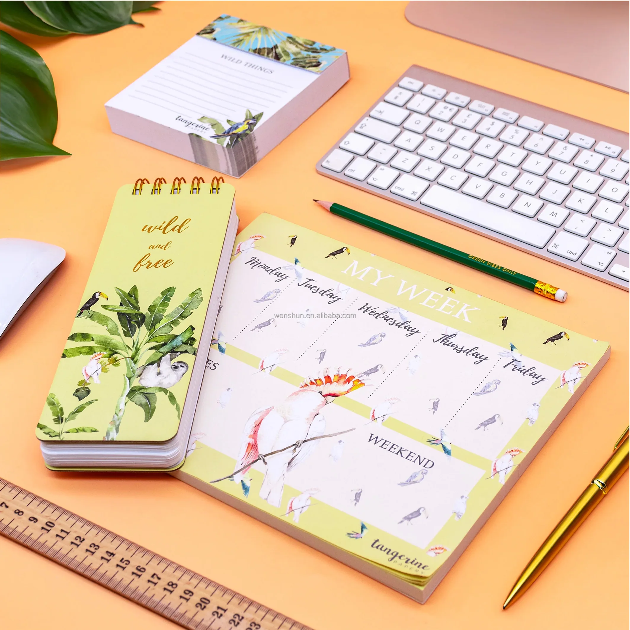 Custom Tropical Yellow Print 50 Lined Pages Double Gold Spiral Bound Reporter Notepad