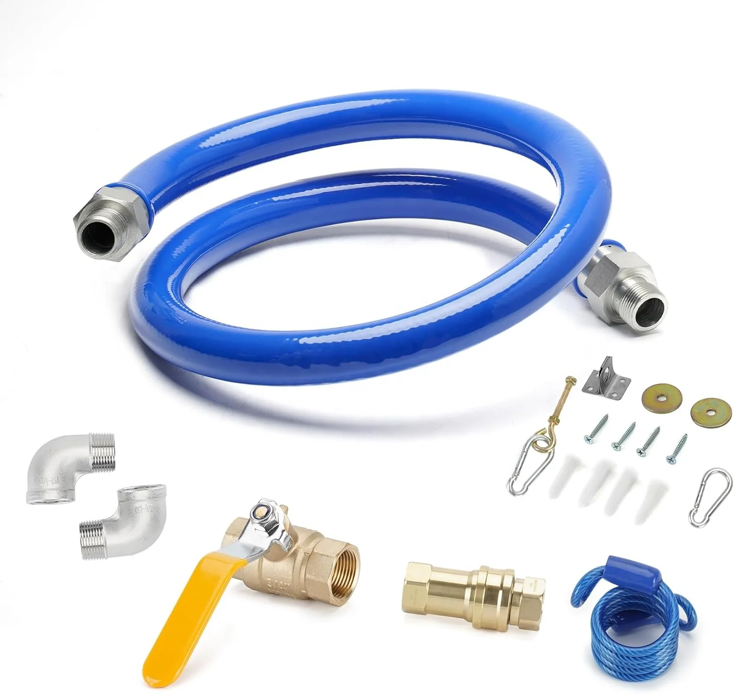 3/4 Inch ID Foodservice Commercial Standard Gas Connector Kit with Hose, Snap Quick Disconnect, Elbow Fittings,  Gas Valve,