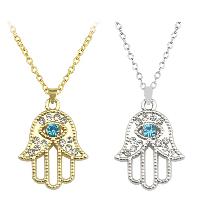 Fashion White Blue Turkish Stainless Steel Iced Hamsa Hand Necklace,Hamsa Hand Chain With Zircon