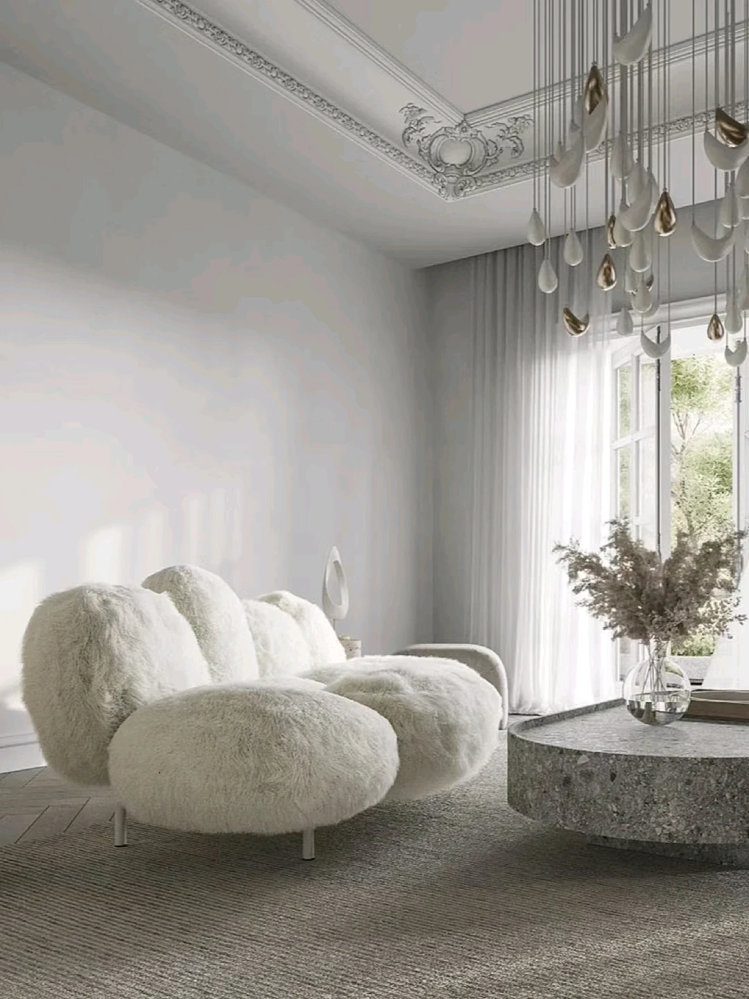 Italian light luxury powder puff plush fabric sofa villa living room simple modern high-grade sofa