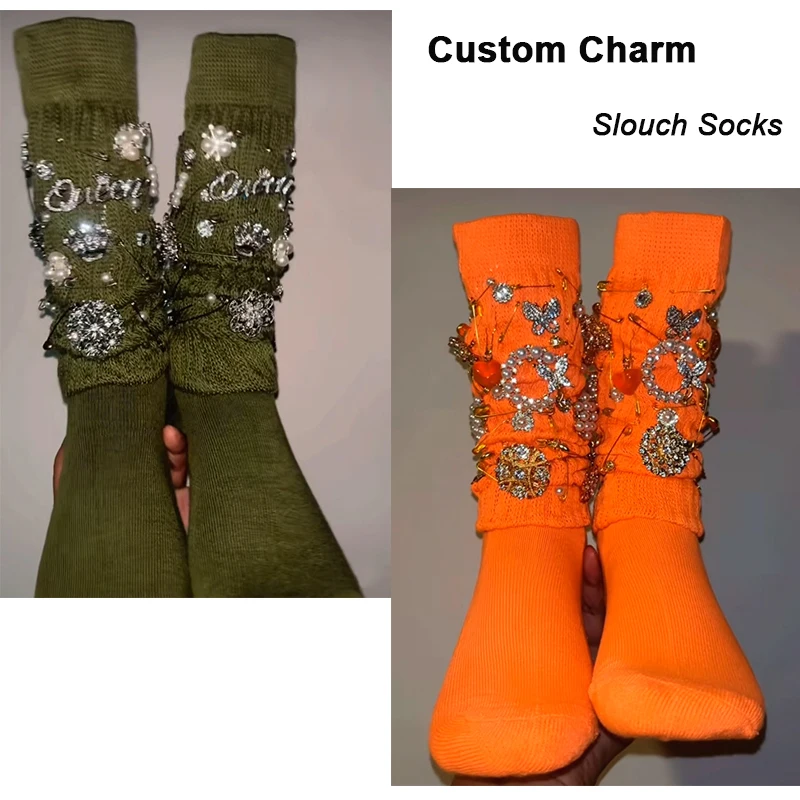 Customized Women Thigh High Boot Jewelry Fun Junk Gold Charms Slouch Socks with Bling Safety Pins