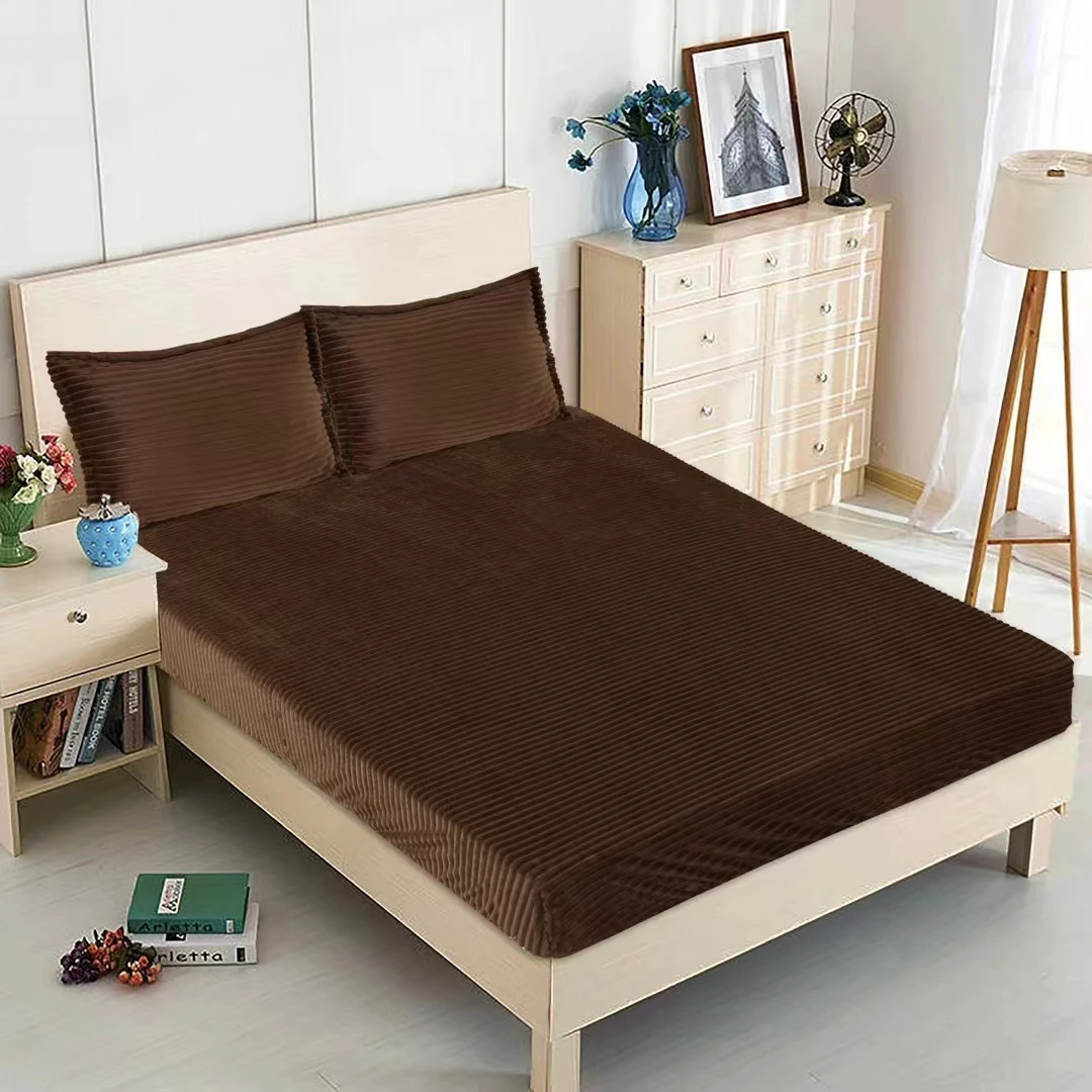 High Weight Flannel Fleece Bedding 3PCS Set Nature Solid Super Soft Coral Velvet Winter Bed Linen Deep Pocket Fitted Sheet Set