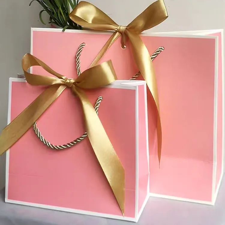 Custom logo square portable tote bag pink cute packaging  clothing shopping bag favor bags for wedding