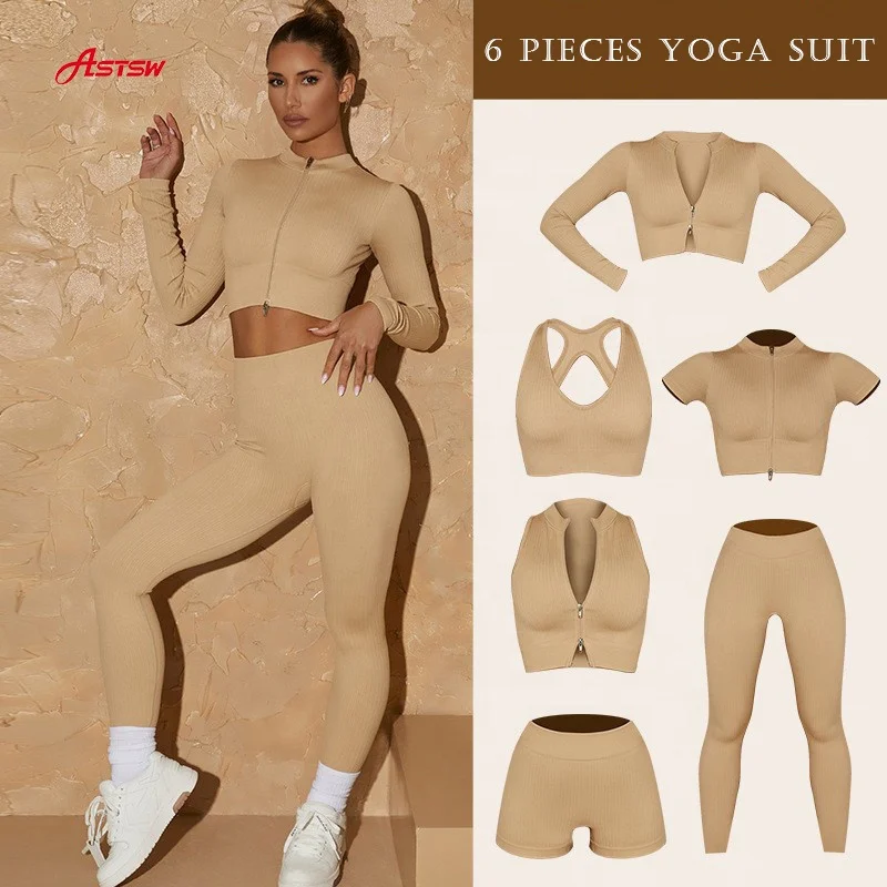 Новая бесшовная одежда для спортзала, наряды, короткий топ на молнии, 6 предметов, спортивные тренировочные комплекты, женская одежда для фитнеса, в рубчик, для йоги, короткий комплект одежды для активного отдыха