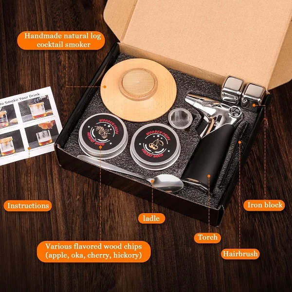 Old Fashioned Drink Smoker Kit with 4 Flavors Wood Chips Bourbon Whiskey Cocktail Smoker Kit with Torch